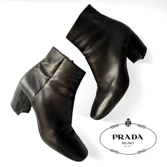 Prada Black Leather Ankle Square Toe Boots - Picture 1 of 6